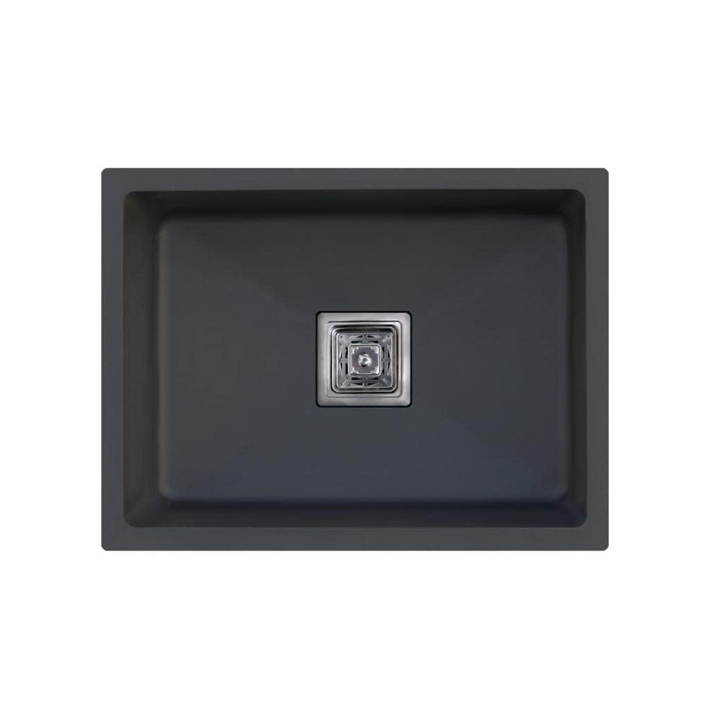 MARBO Premium Granite Quartz Single Bowl Kitchen Sink with Hose Pipe and Square Coupling-Flush Mount-Under Mount-Top Mount –(Black - 24 x 18 inches)