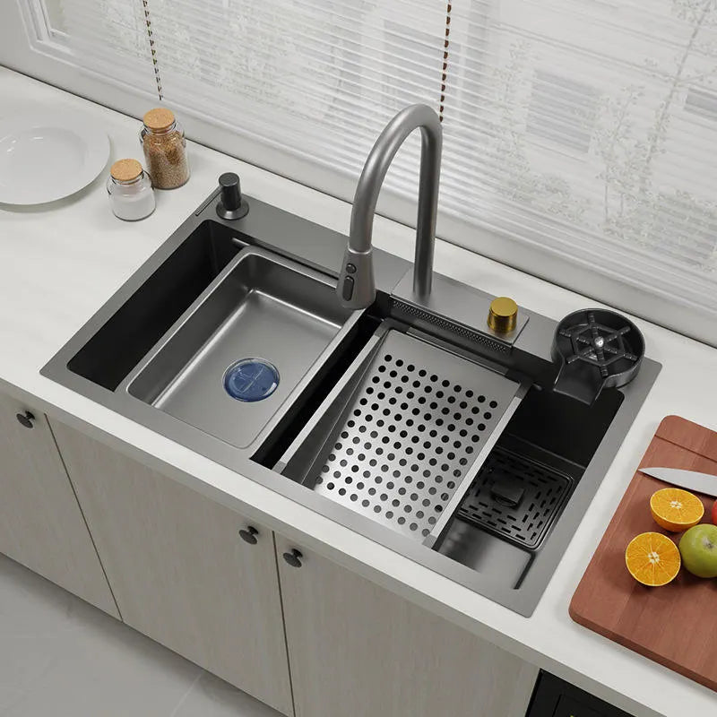 MARBO Kitchen Sink Set – 304 SS with Waterfall Faucet, Pull-Down, Cup Washer & Drain Baskets
