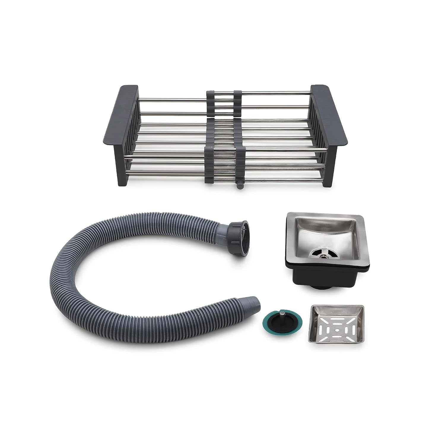 Set of kitchen sink components including a drain cover, hose, and grid on a white background