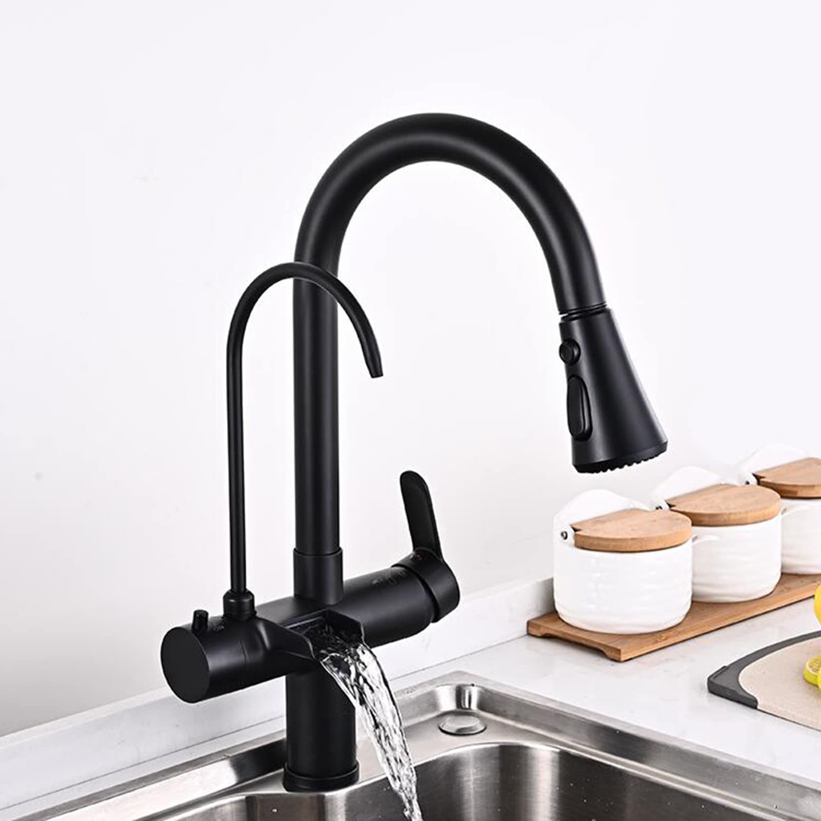 Marbo 3 Way Kitchen Faucet with Pull Out Spray Waterfall Hot and Cold Water Brass Swivel Kitchen Sink Faucet Black | 036