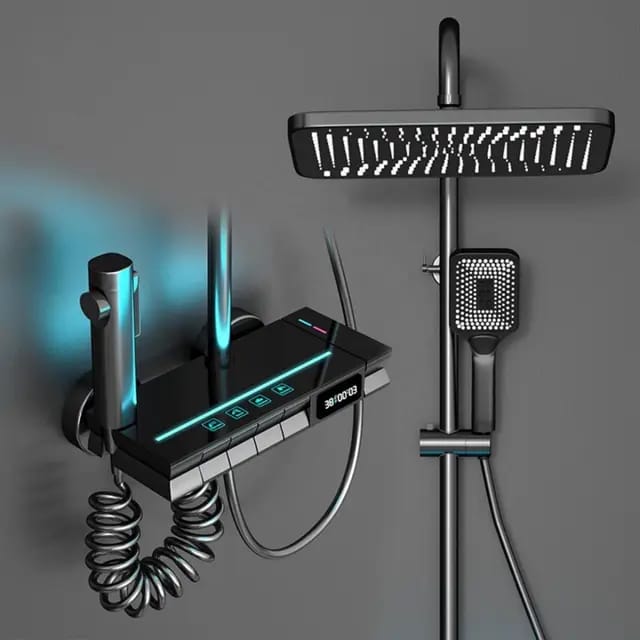 Marbo wall-mounted 4-in-1 shower system with brass body, ABS shower head, and health faucet spray.