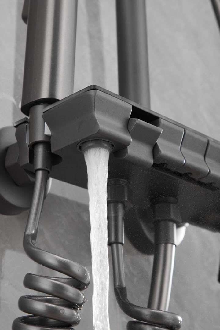 Marbo brass bathroom shower panel with LED display, multi-function showers, and bottle holding space.