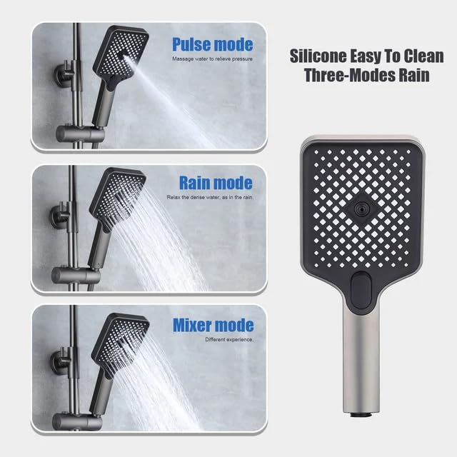 un metal grey Marbo shower panel suitable for low water pressure with 0.5 HP pressure pump