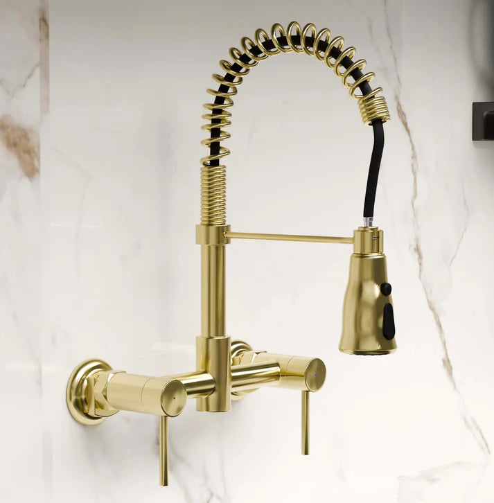 360° Swivel Kitchen Tap – Stainless Steel, Wall Mount, 3-Mode Spray, Brushed Gold