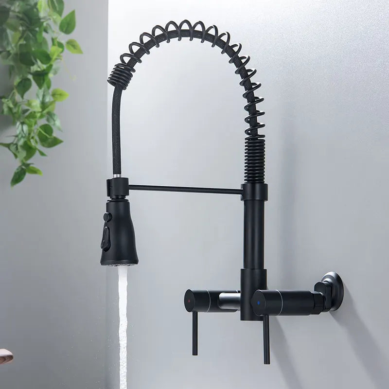 Matte Black Sink Faucet – Wall-Mount, Single Lever, Multi-Function Spray Head