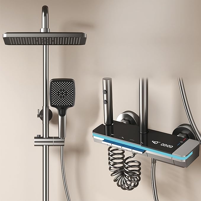 Marbo brass LED shower panel set with temperature display and 4-in-1 functions in gun grey