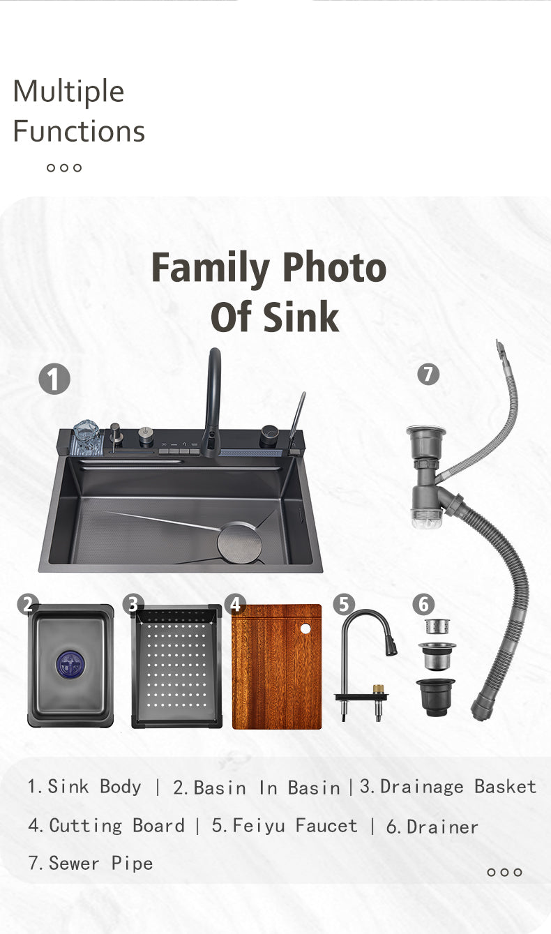 - Premium Black Kitchen Sink – MARBO 304 SS, Waterfall Style, Single Bowl
