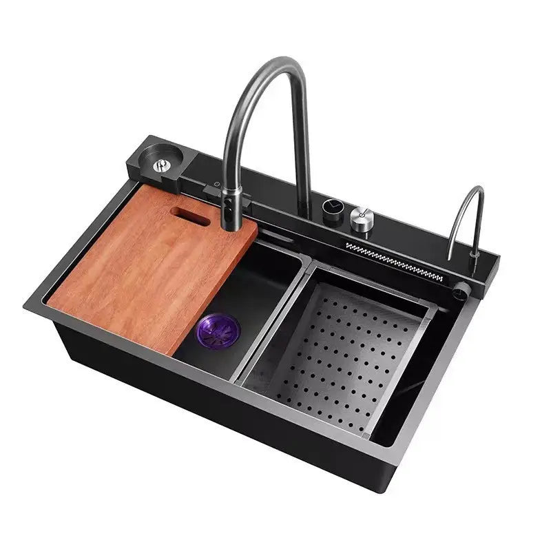 - Premium Black Kitchen Sink – MARBO 304 SS, Waterfall Style, Single Bowl
