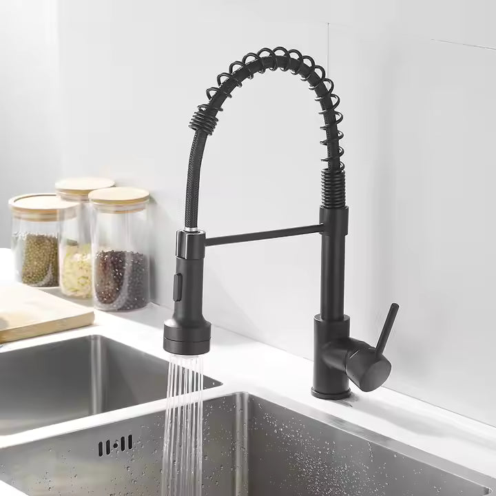 Matte Black Sink Faucet – Wall-Mount, Single Lever, Multi-Function Spray Head
