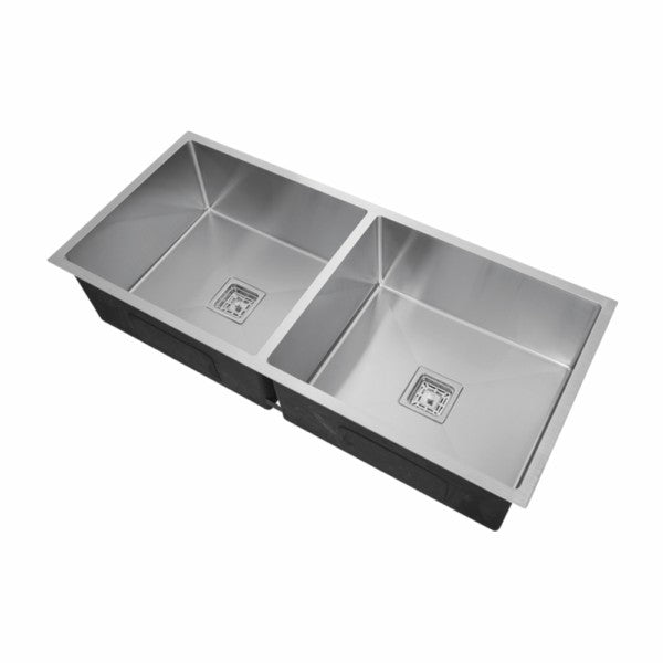 Stainless steel kitchen sink on a white background