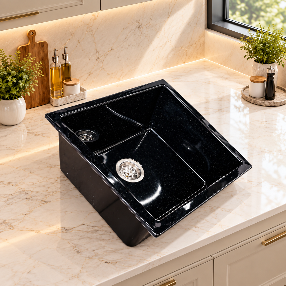 A black double-basin undermount kitchen sink with a glossy finish, installed on a beige marble countertop with a matching marble backsplash and kitchen decor.