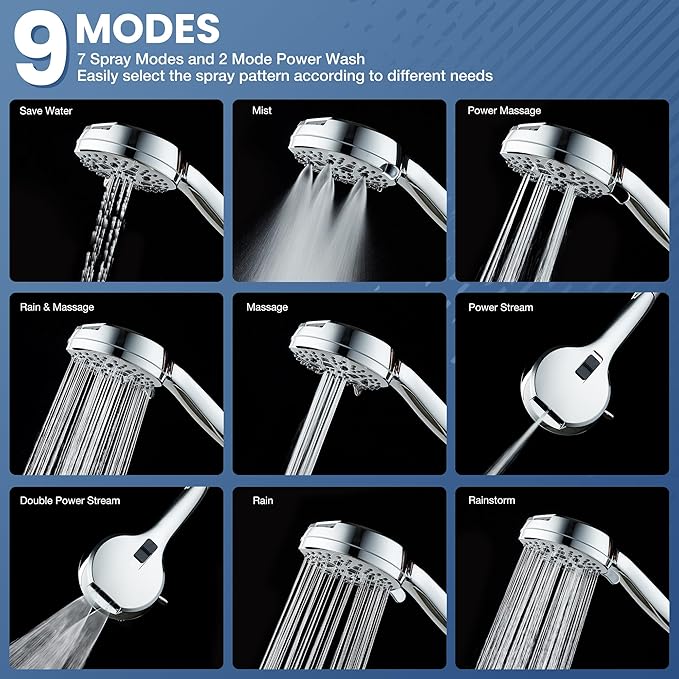 Power Wash Hand Shower – 9 Spray Patterns, High Pressure, Chrome Coated