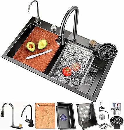 MARBO Kitchen Sink Set – 304 SS with Waterfall Faucet, Pull-Down, Cup Washer & Drain Baskets