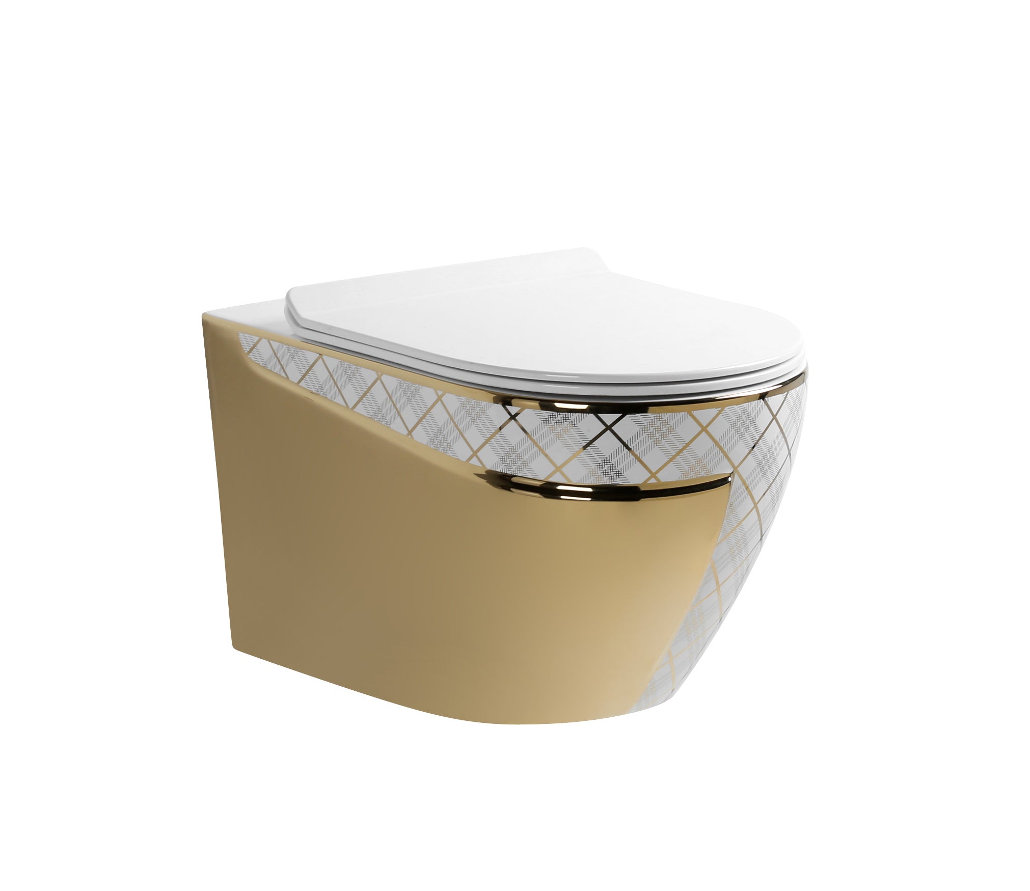 Gold and white decorative wall-mounted toilet on a white background