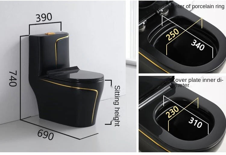 - MARBO Black Ceramic Toilet – Gold Line, One-Piece Design