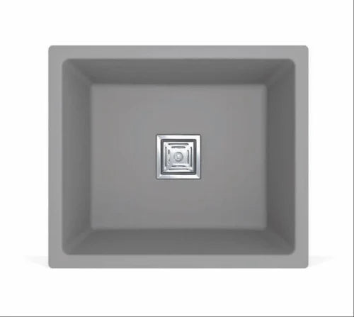 Gray rectangular sink with a square drain cover on a white background
