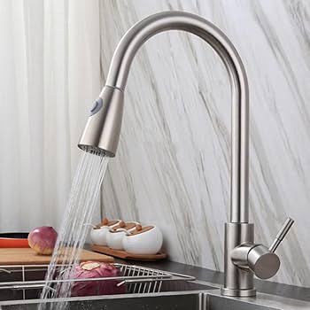 MARBO High Arc Kitchen Faucet – Chrome Finish, 360° Swivel, Pull-Down Sprayer