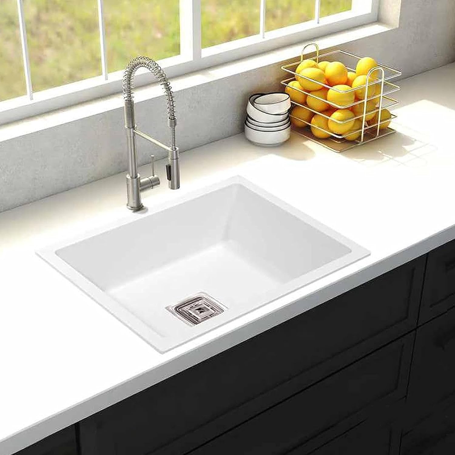 Modern quartz kitchen sink with deck mount faucet 