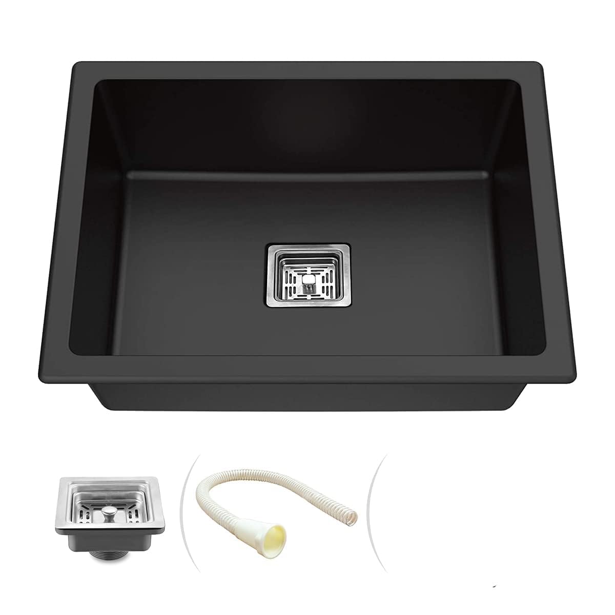 Black sink with drain and flexible hose on a white background