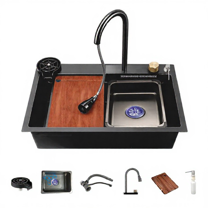 Kitchen sink set with faucet, cutting board, and accessories on a white background