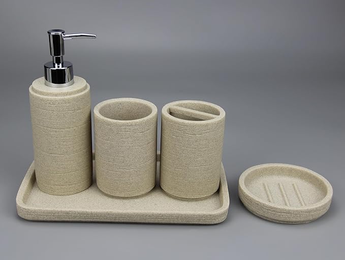 Beige textured bathroom accessory set with a tray on a gray background
