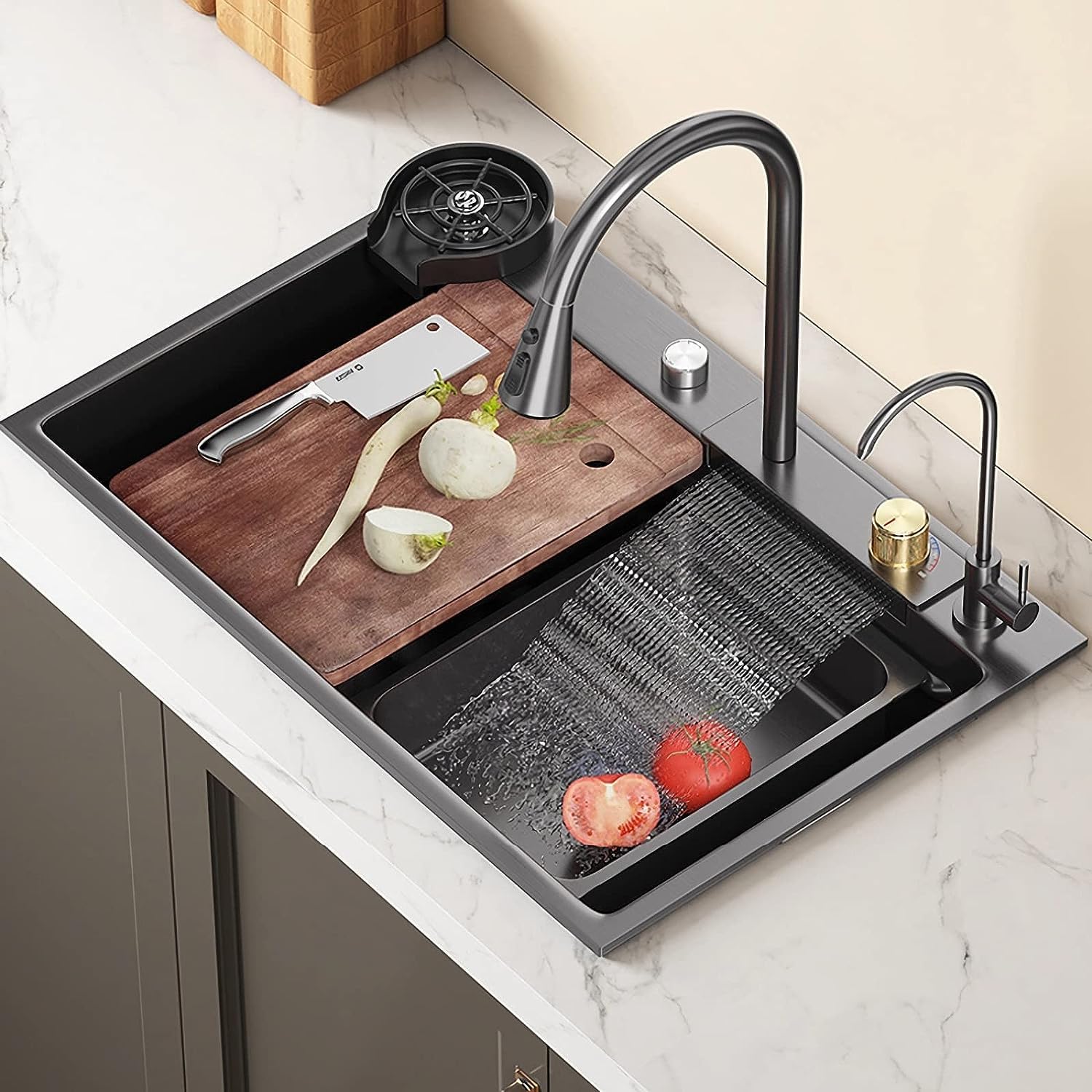 MARBO Kitchen Sink Set – 304 SS with Waterfall Faucet, Pull-Down, Cup Washer & Drain Baskets