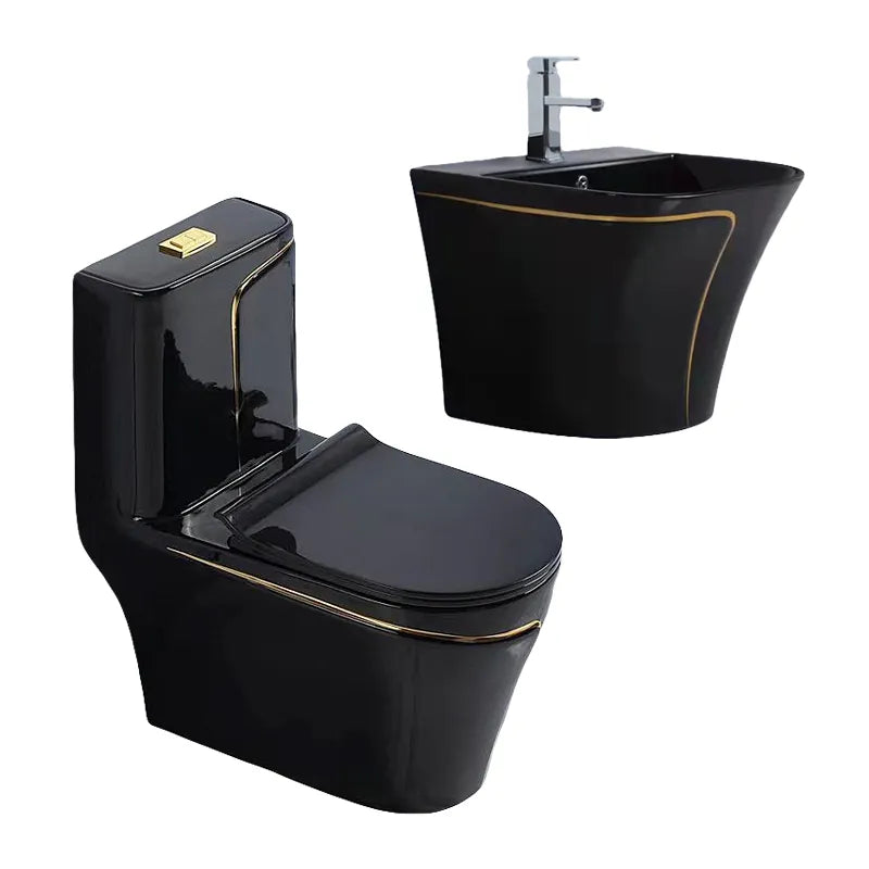 MARBO Ceramic Bathroom Wc Black Colored Bowl Toilet Commode And Sink Set 1