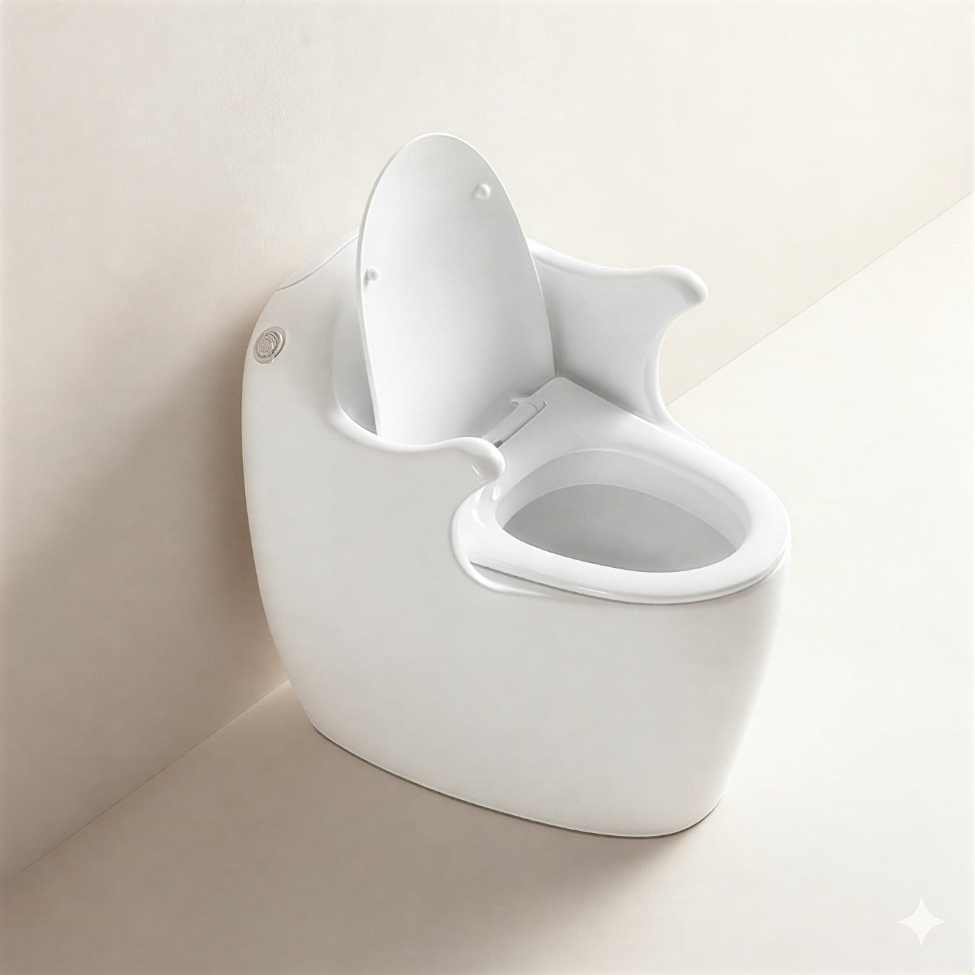 White toilet with open lid on a light beige background