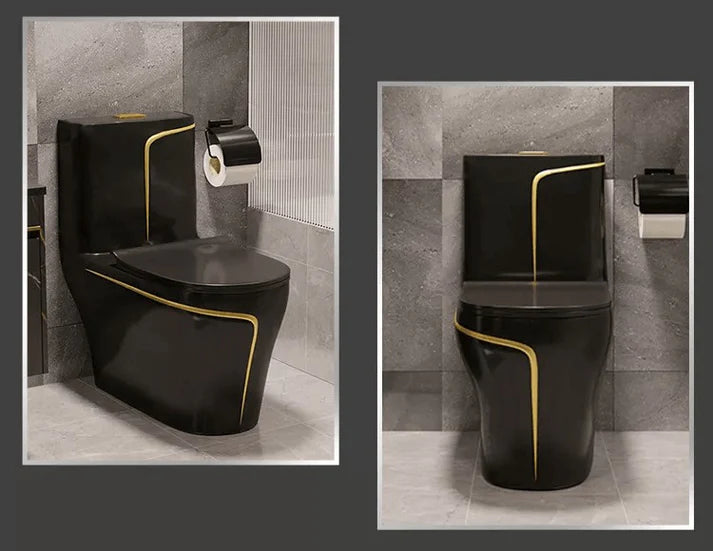 - MARBO Black Ceramic Toilet – Gold Line, One-Piece Design
