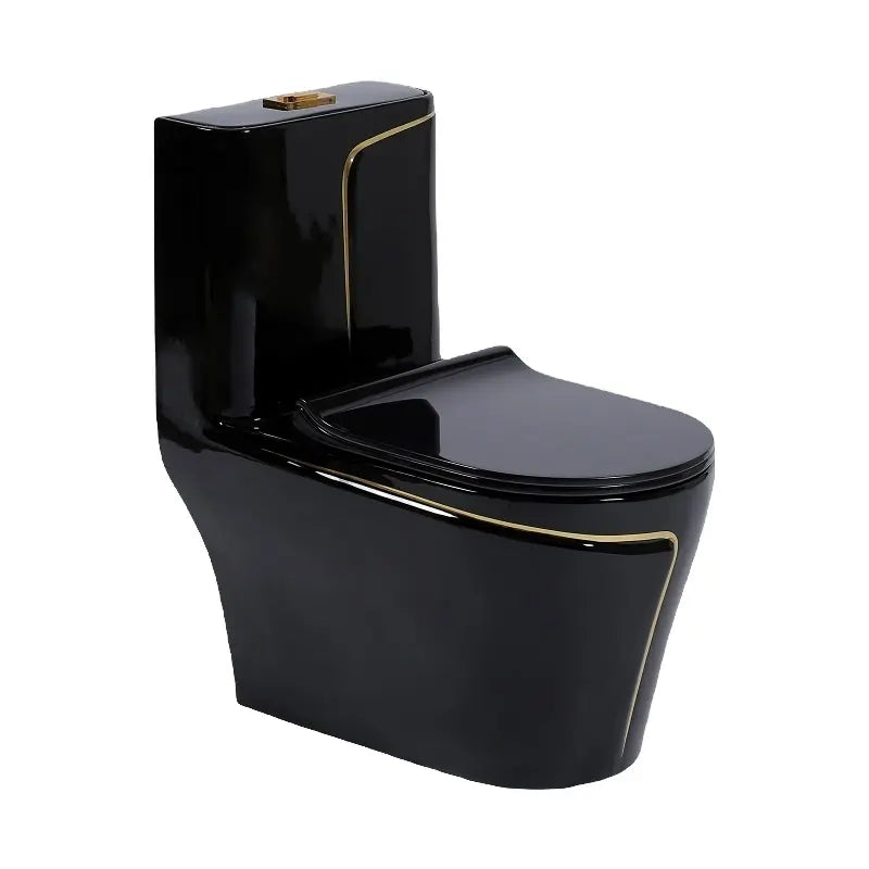 - MARBO Black Ceramic Toilet – Gold Line, One-Piece Design